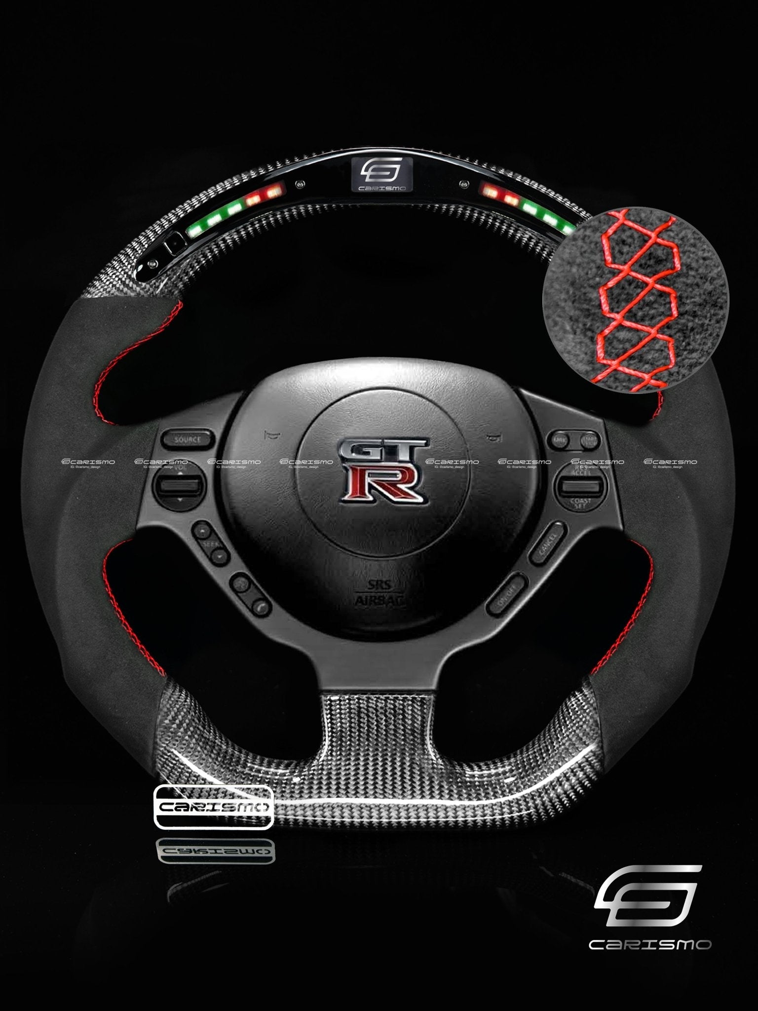 Carismo Steering Wheel For Nissan GT-R (R35 CBA & DBA) - Classic RPM LED - Gloss Carbon - Alcantara