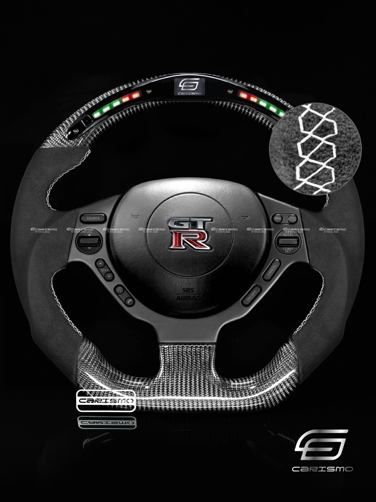 Carismo Steering Wheel For Nissan GT-R (R35 CBA & DBA) - Classic RPM LED - Gloss Carbon - Alcantara