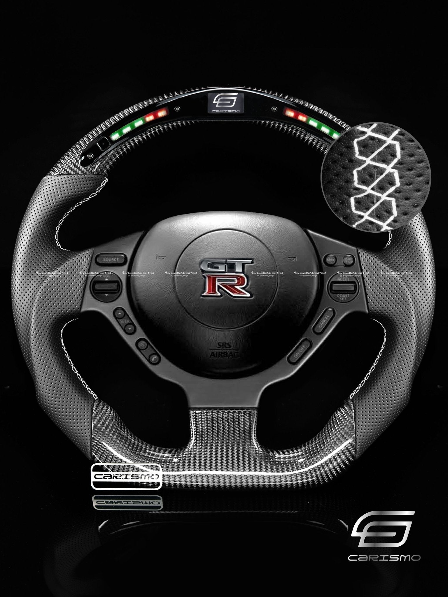 Carismo Steering Wheel For Nissan GT-R (R35 CBA & DBA) - Classic RPM LED - Gloss Carbon - Perforated Leather