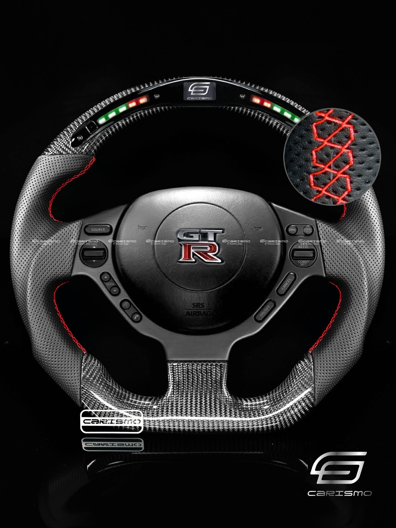 Carismo Steering Wheel For Nissan GT-R (R35 CBA & DBA) - Classic RPM LED - Gloss Carbon - Perforated Leather