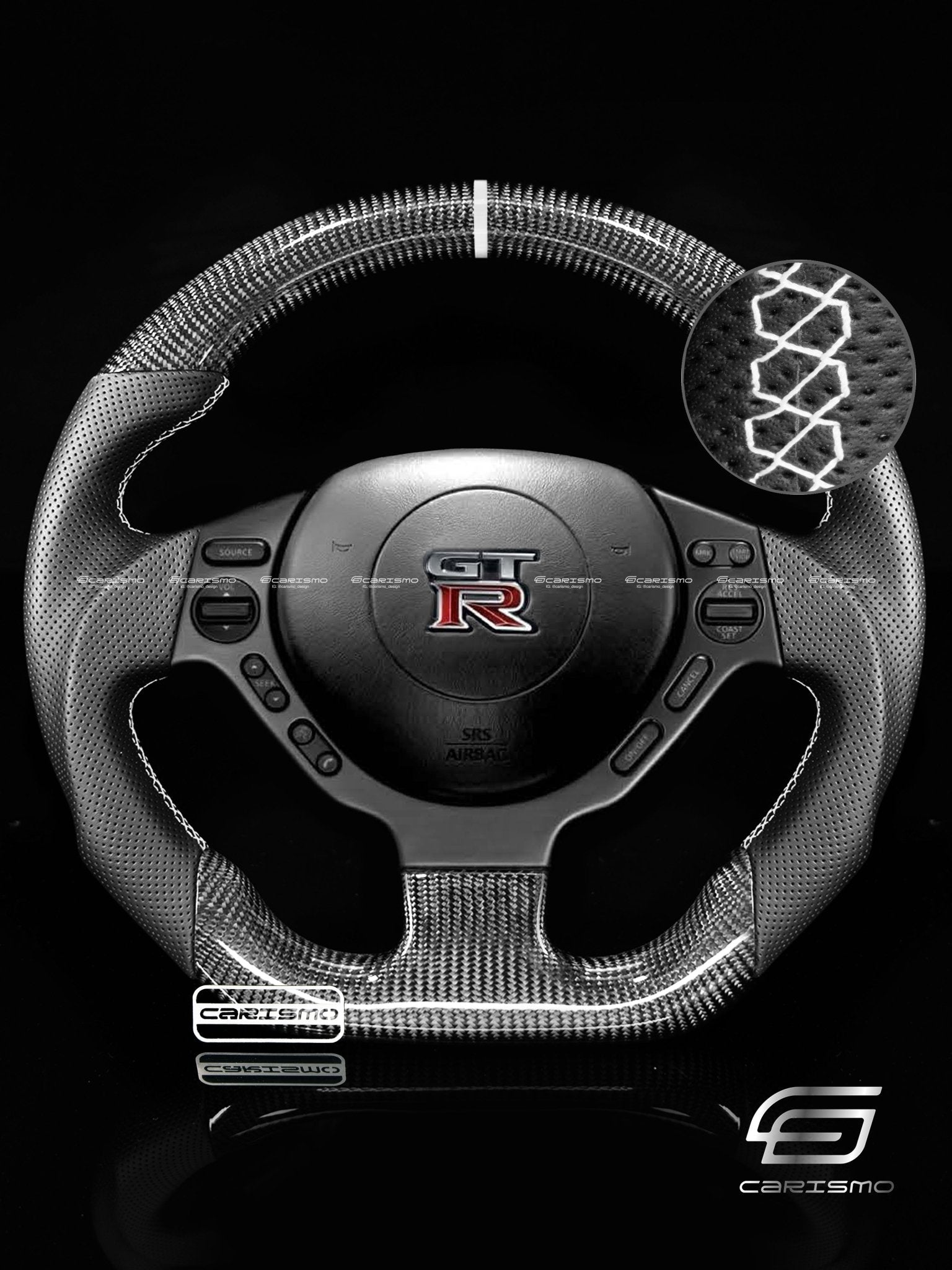 Carismo Steering Wheel For Nissan GT-R (R35 CBA & DBA) - Sport - Gloss Carbon - Perforated Leather