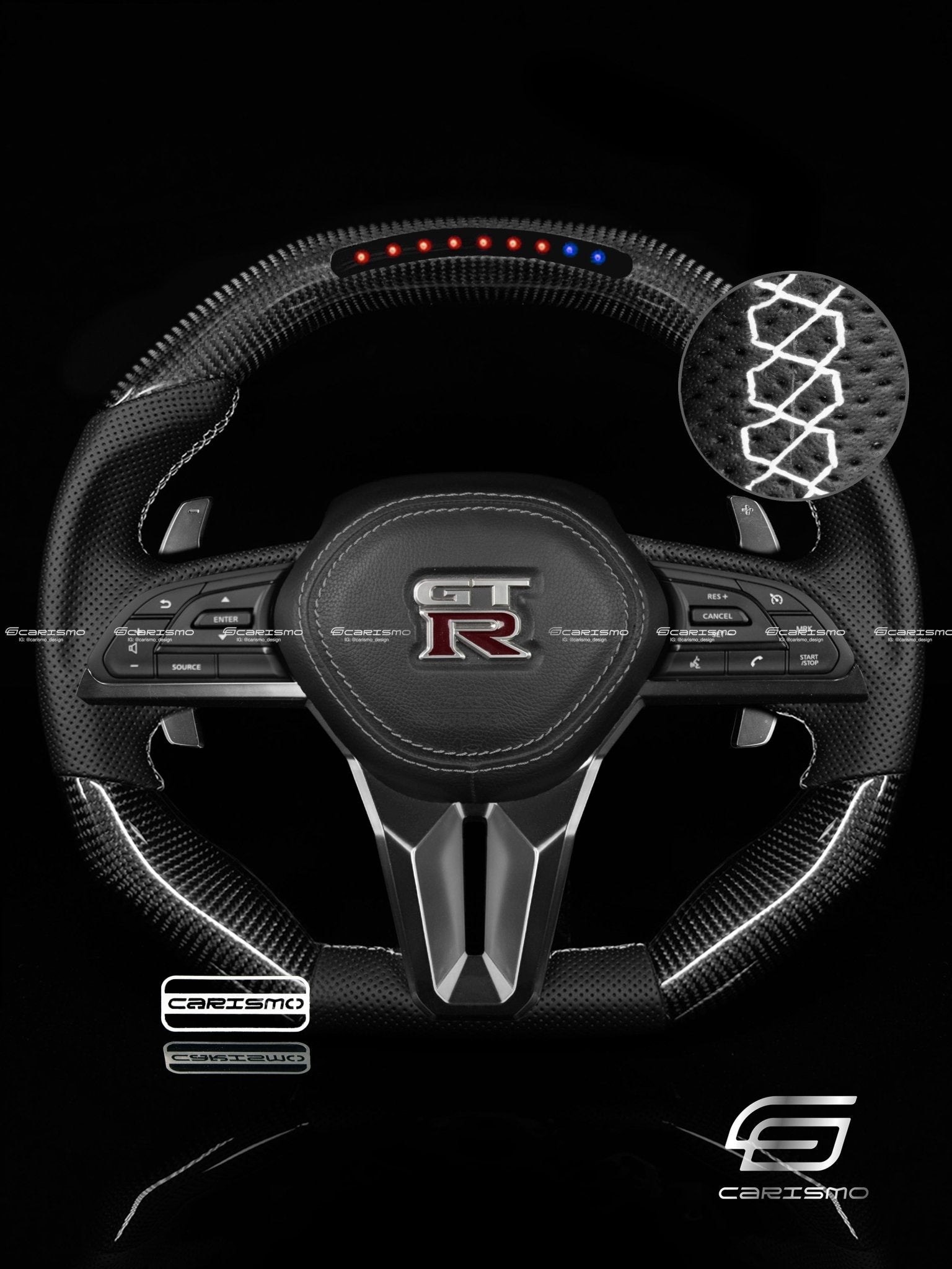 Carismo Steering Wheel For Nissan GT-R (R35 EBA) - Sequential RPM LED - Gloss Carbon - Perforated Leather