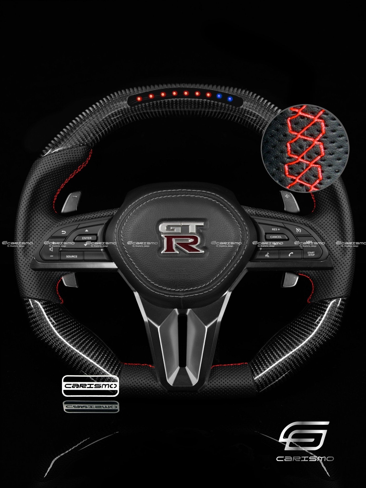 Carismo Steering Wheel For Nissan GT-R (R35 EBA) - Sequential RPM LED - Gloss Carbon - Perforated Leather