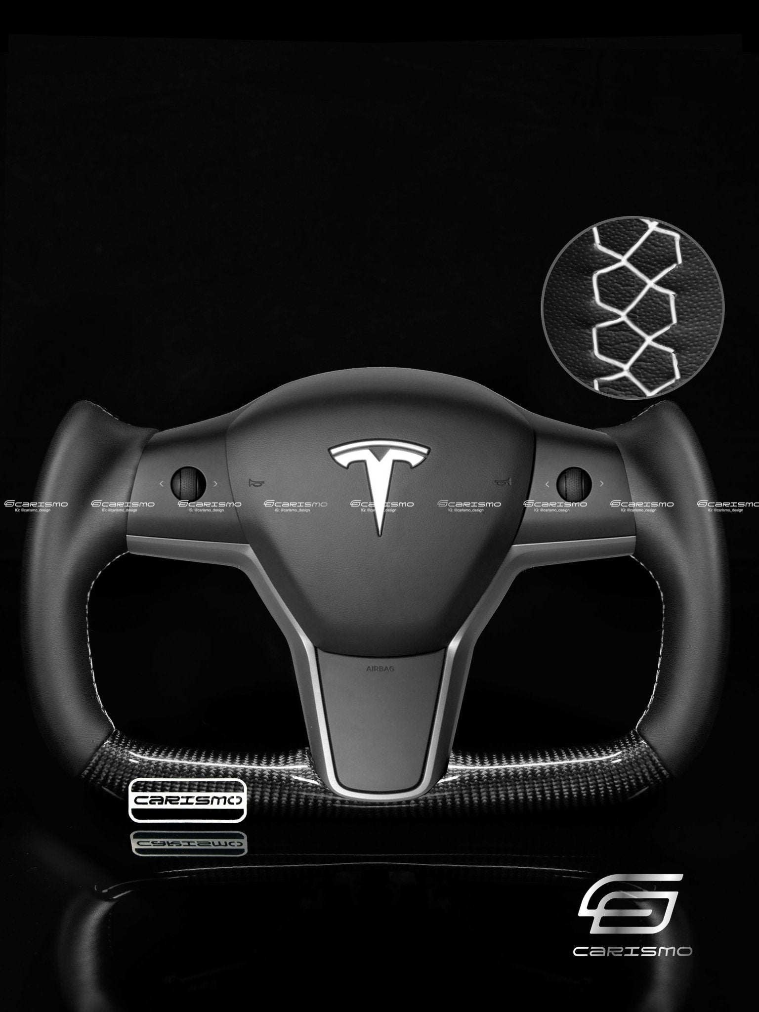Carismo Steering Wheel For Tesla Model 3/Y - Yoke-Style - Gloss Carbon - Smooth Leather