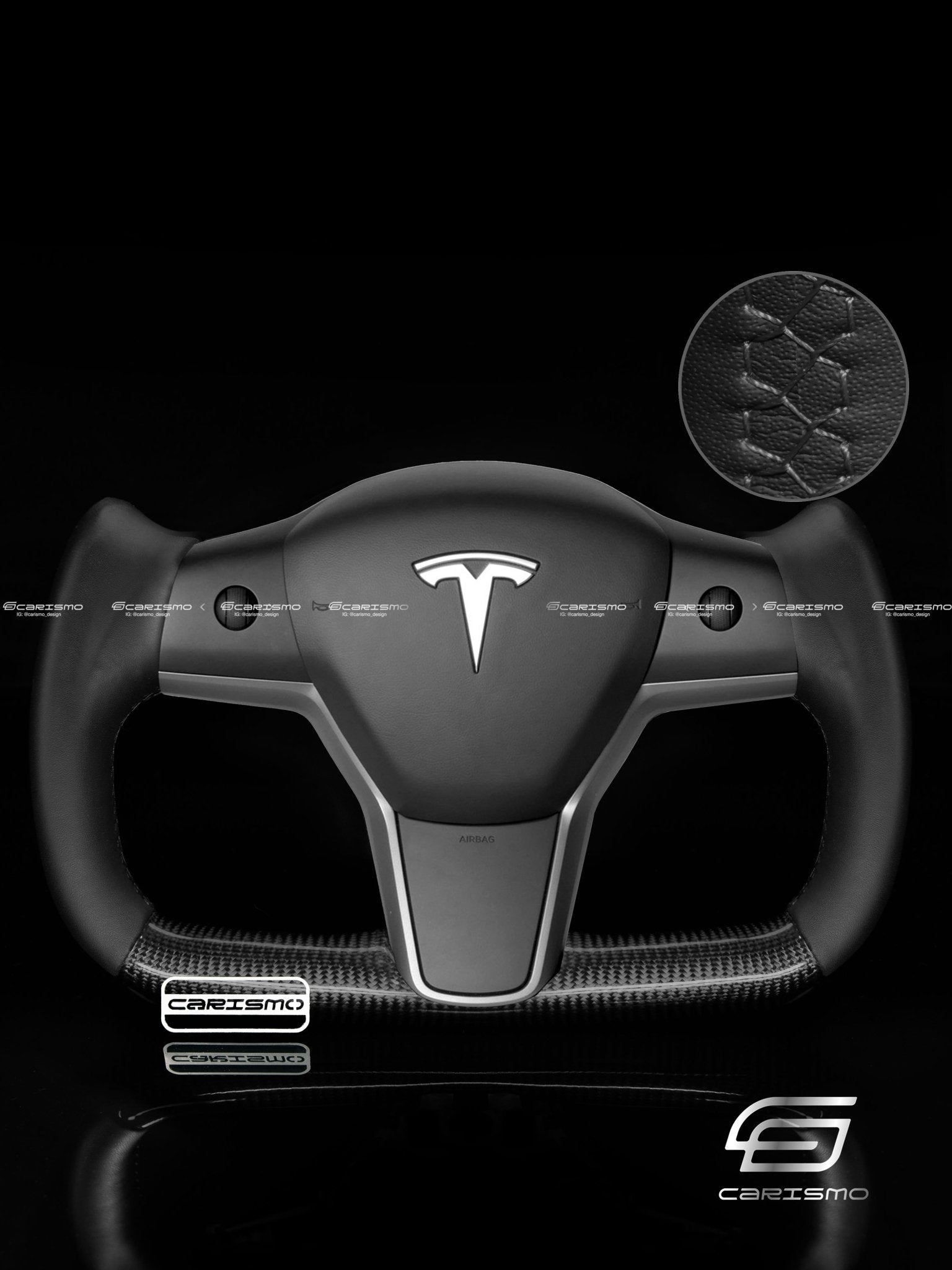 Carismo Steering Wheel For Tesla Model 3/Y - Yoke-Style - Gloss Carbon - Smooth Leather (Non-Heated)