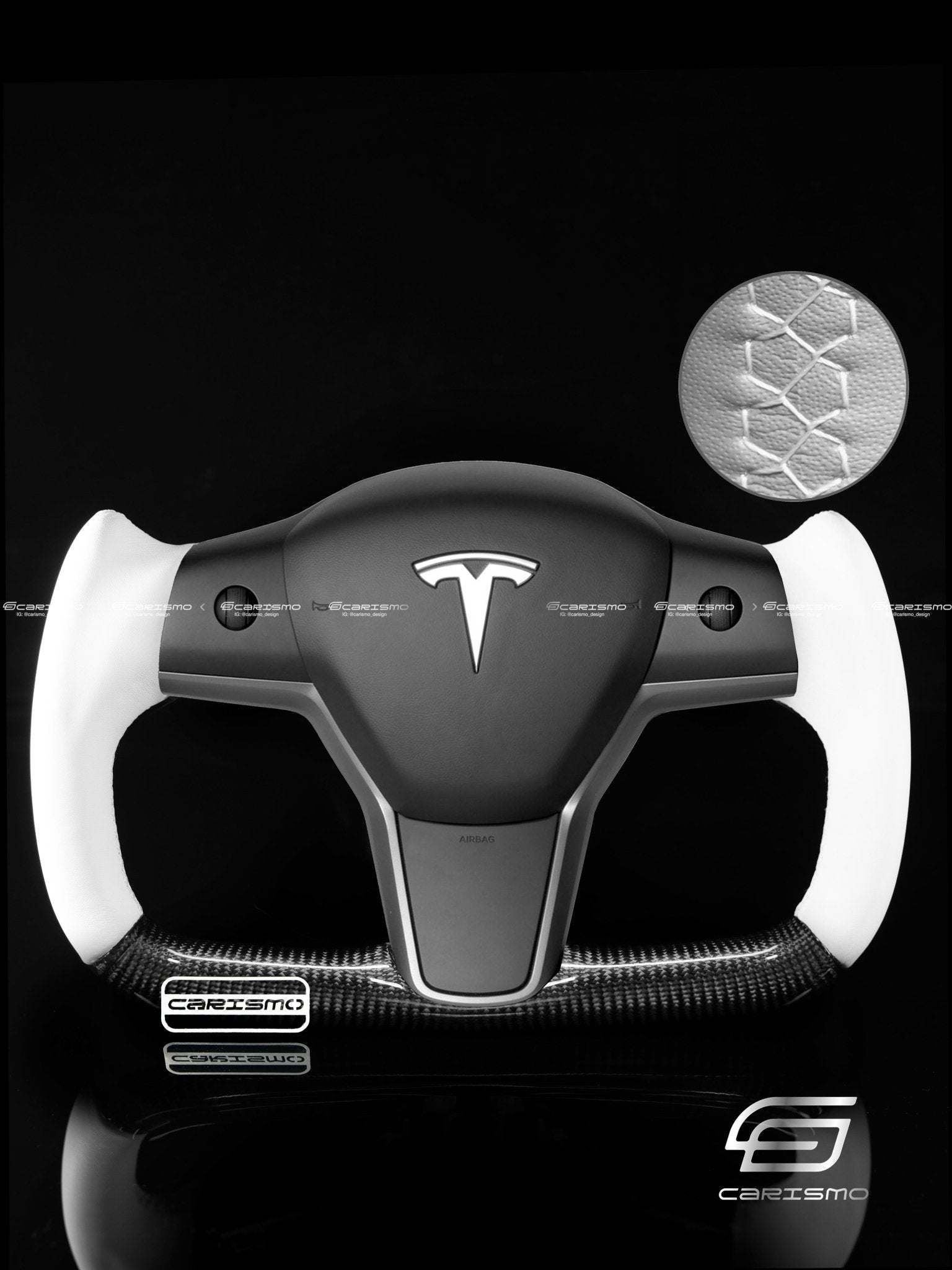 Carismo Steering Wheel For Tesla Model 3/Y - Yoke-Style - Gloss Carbon - White Smooth Leather