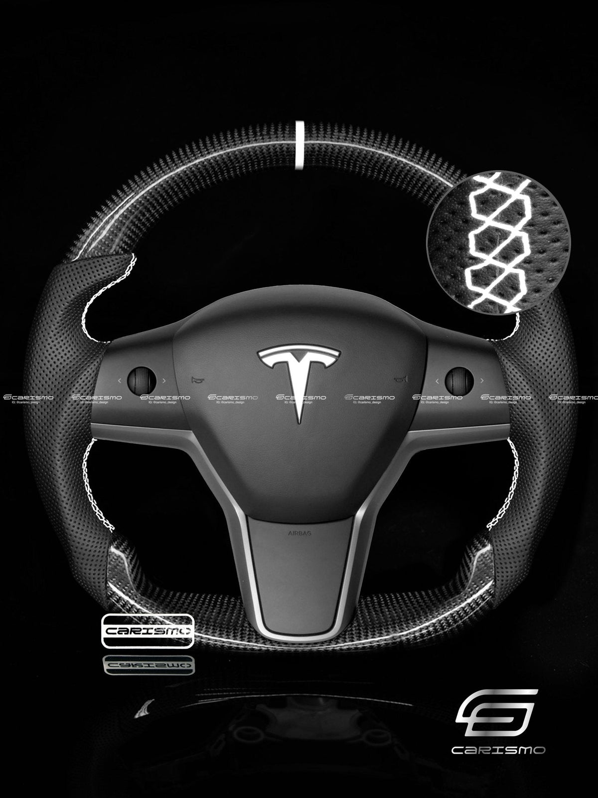 Carismo Steering Wheel For Tesla Model 3/Y - Sport - Gloss Carbon - Perforated Leather
