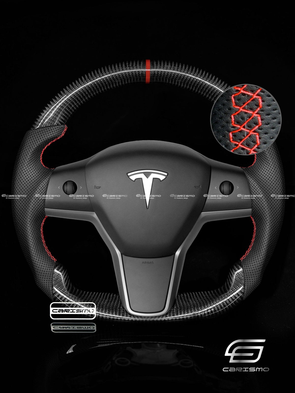 Carismo Steering Wheel For Tesla Model 3/Y - Sport - Gloss Carbon - Perforated Leather