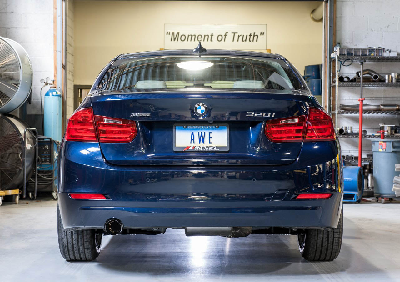 AWE Touring Edition Exhaust + Performance Mid Pipe for BMW F30 320i, Single Side - Diamond Black Tip (90mm)