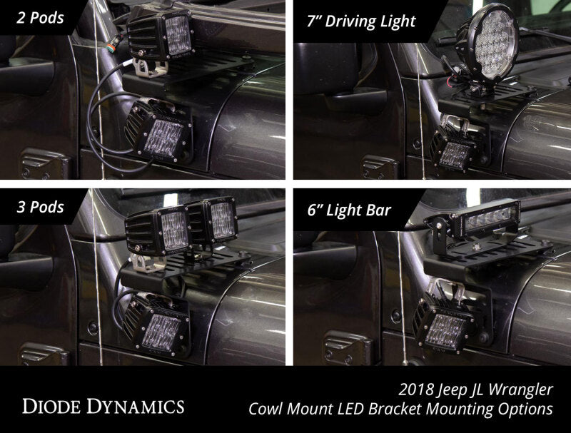 Diode Dynamics 18-21 Jeep JL Wrangler/Gladiator SS3 Cowl LED Bracket Kit - White Pro-Light Bars & Cubes-Grocery Getter Performance