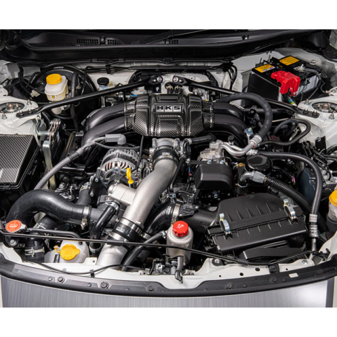 HKS GT2 Supercharger Pro Kit installed on Toyota GR86 ZN8 and Subaru BRZ ZD8 FA24 engine bay