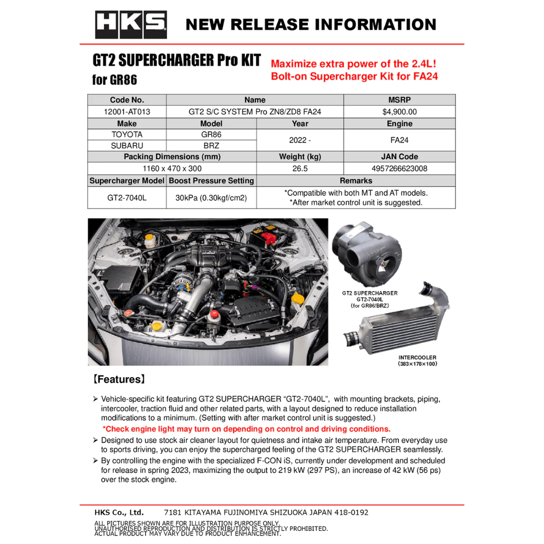 HKS GT2-7040L supercharger system pro kit for Toyota GR86 and Subaru BRZ
