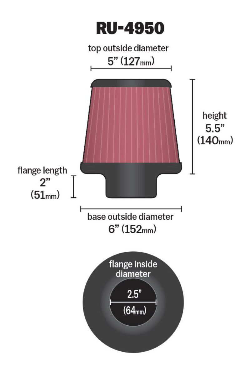 K&N Filter Universal Rubber Filter 2 1/2 inch Flange 6 inch Base 5 inch Top 5 1/2 inch Height-Air Filters - Universal Fit-Grocery Getter Performance
