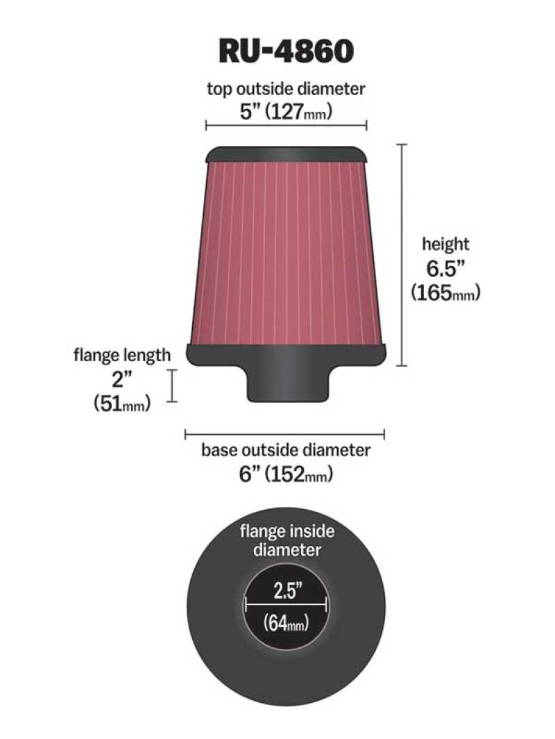 K&N Filter Universal Rubber Filter 2 1/2 inch Flange 6 inch Base 5 inch Top 6 1/2 inch Height-Air Filters - Universal Fit-Grocery Getter Performance