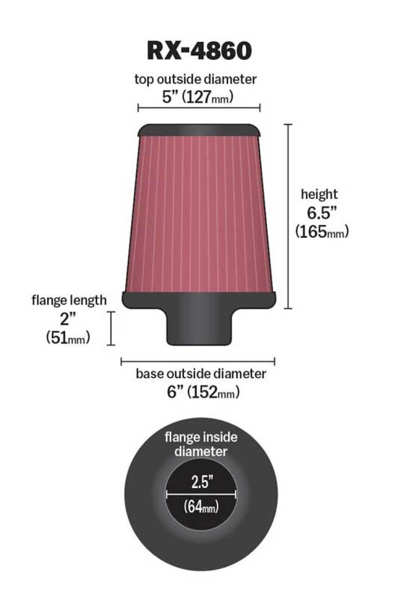K&N Filter Universal X-Stream Clamp-On Round Tprd 2.5in Flng ID x 6in Base OD x 5in Top OD x 6.5in H-Air Filters - Universal Fit-Grocery Getter Performance