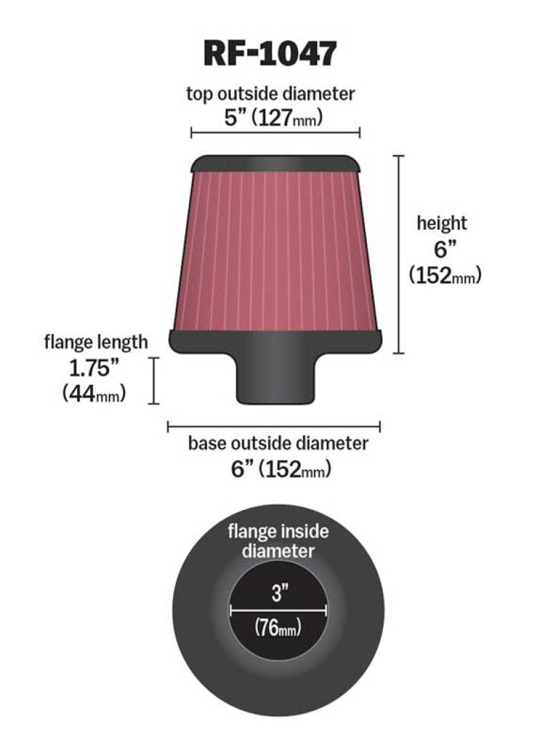 K&N Round Tapered Universal Air Filter 3 inch Flange 6 inch Base 5 inch Top 6 inch Height-Air Filters - Universal Fit-Grocery Getter Performance