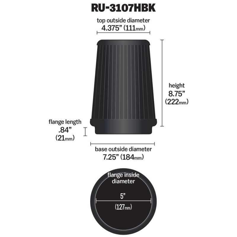 K&N Universal Air Filter (5in Flange / 6-1/2in Base / 4-3/8in Top OD / 8-3/4in Height)-Air Filters - Universal Fit-Grocery Getter Performance