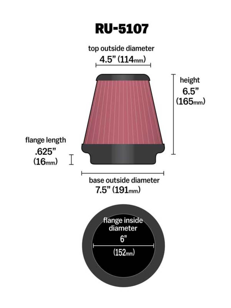 K&N Universal Air Filter 6in Flange / 7-1/2in Base / 4-1/2in Top / 6-1/2in Height-Air Filters - Universal Fit-Grocery Getter Performance