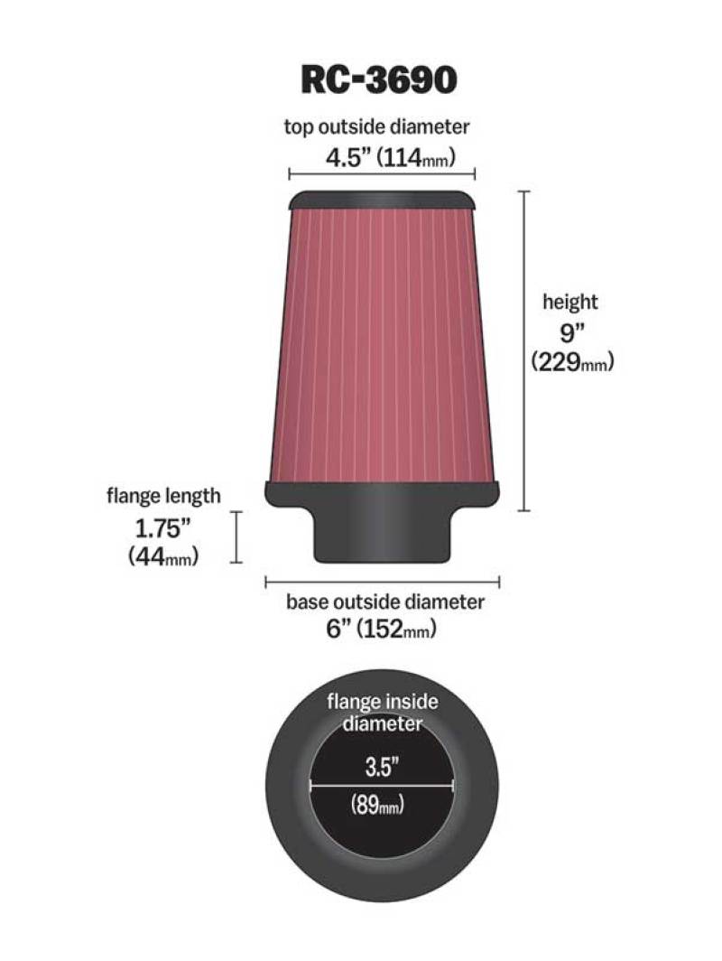 K&N Universal Chrome Filter 3 1/2 inch ID FLG / 6 inch Bottom / 4 1/2 inch CR / 9 inch Length-Air Filters - Universal Fit-Grocery Getter Performance