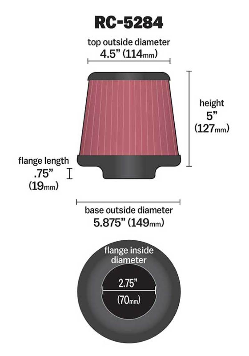 K&N Universal Clamp-On Air Filter 2-3/4in FLG / 5-7/8in B / 4-1/2in T / 5in H-Air Filters - Universal Fit-Grocery Getter Performance