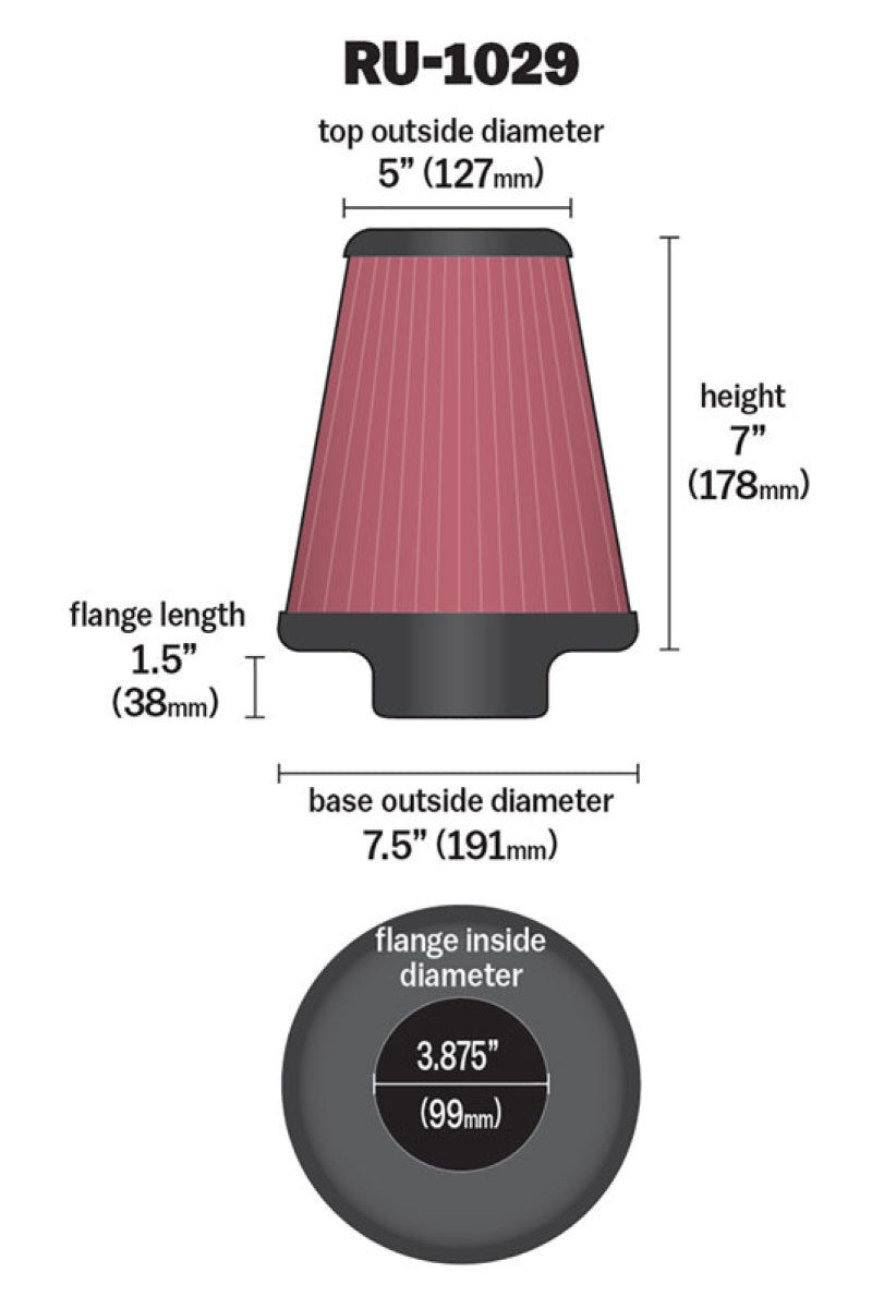 K&N Universal Clamp-On Air Filter 3-7/8in FLG / 7-1/2in B / 5in T / 7in H-Air Filters - Universal Fit-Grocery Getter Performance