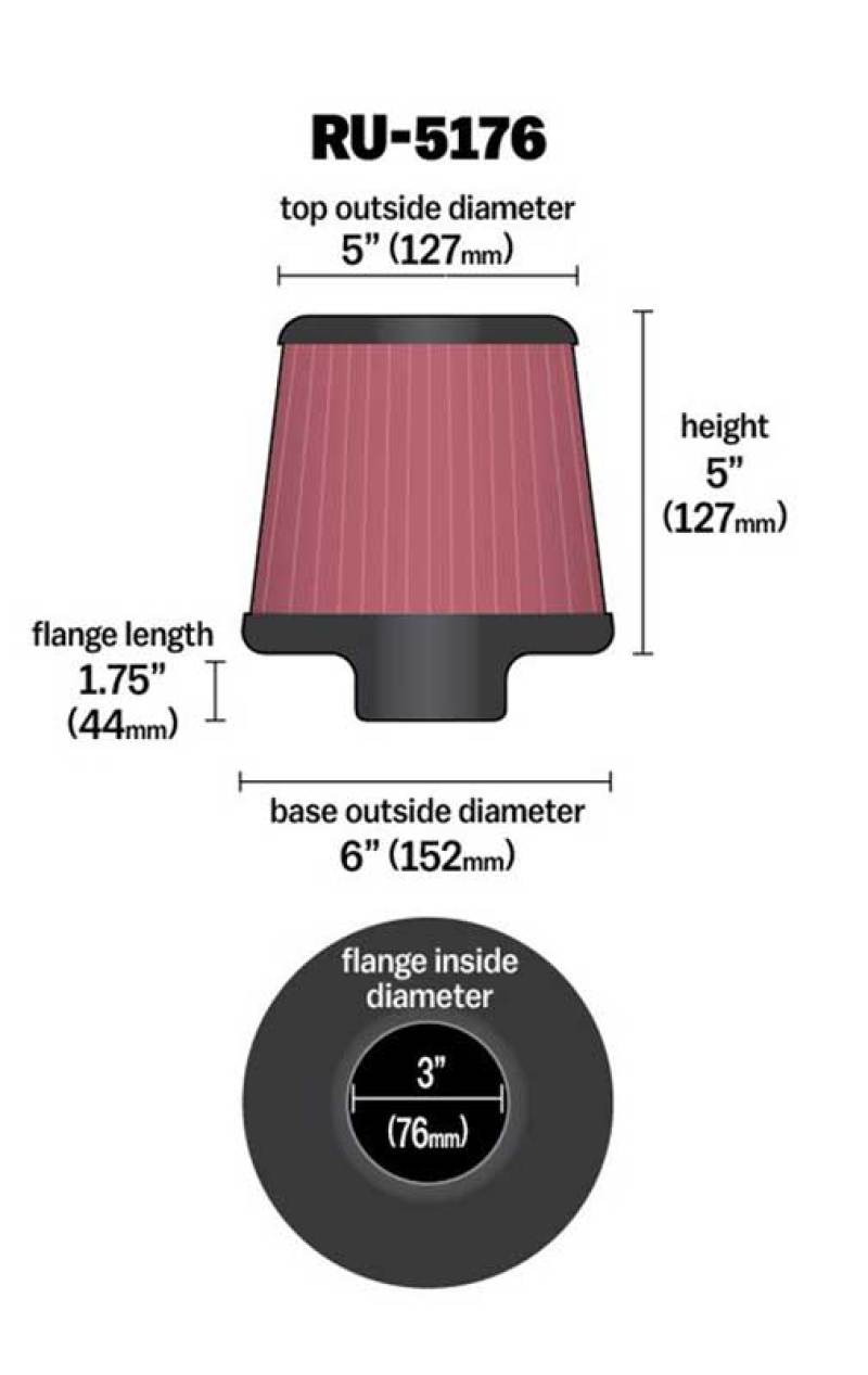 K&N Universal Rubber Filter-Round Tapered 3in Flange ID x 6in Base OD x 6in Top OD x 5in H-Air Filters - Universal Fit-Grocery Getter Performance
