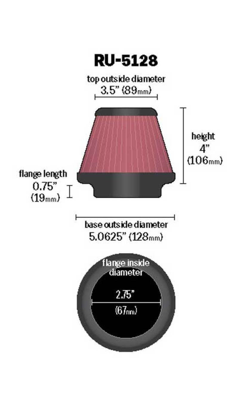 K&N Universal Tapered Filter 2.75in Flange ID x 5.0625in Base OD x 3.5in Top OD x 4in Height-Air Filters - Universal Fit-Grocery Getter Performance
