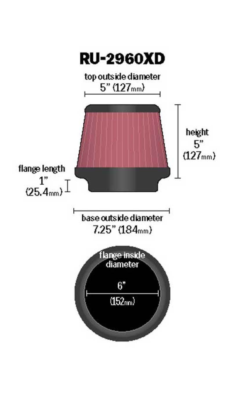 K&N Universal Tapered Filter 6in Flange ID x 7.5in Base OD x 5in Top OD x 5in Height-Air Filters - Universal Fit-Grocery Getter Performance