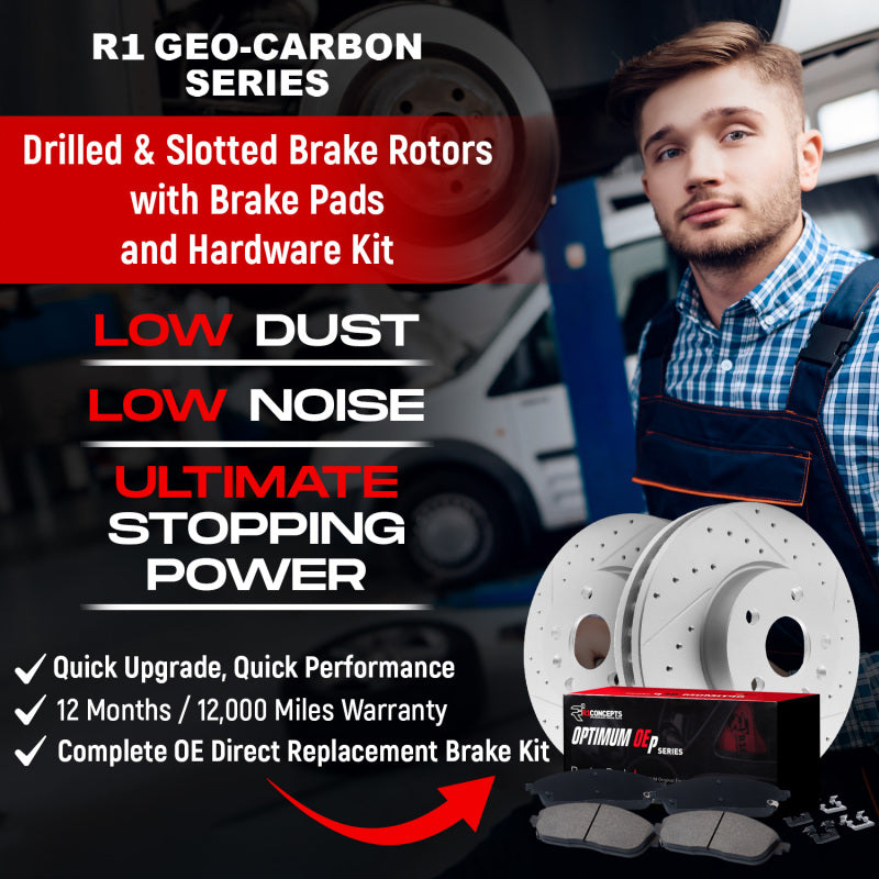 R1 15-17 Genesis G80 Front Drill/Slot Carbon Coated Rotor Set w/Optimum Pads-Brake Rotors - Slot & Drilled-Grocery Getter Performance