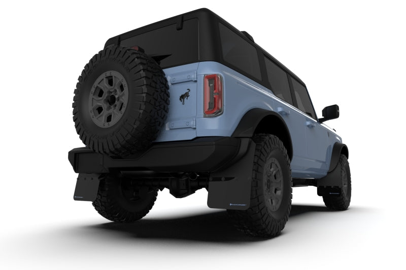 Rally Armor 21-25 Ford Bronco (Steel Bmpr - NO Rptr/Sprt - NO RR/RB) Blk Mud Flap w/Area Blue Logo-Mud Flaps-Grocery Getter Performance