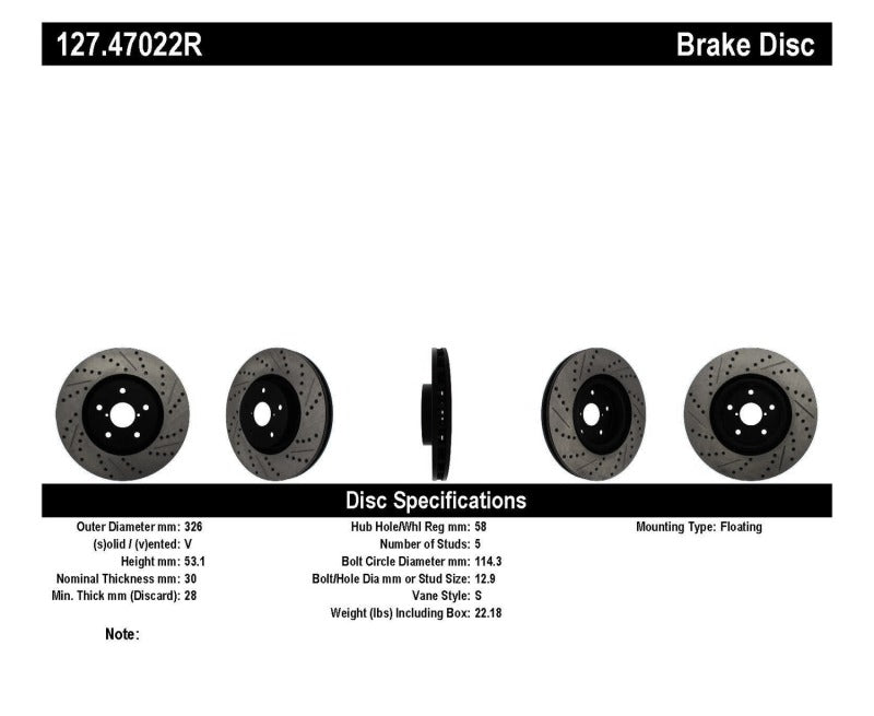 StopTech 05-10 Subaru Impreza WRX/STi Slotted & Drilled Right Front Rotor-Brake Rotors - Slot & Drilled-Grocery Getter Performance