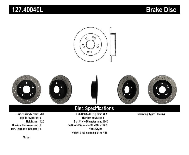 StopTech 06-09 Honda Civic Ex/Si Slotted & Drilled Left Rear Rotor-Brake Rotors - Slot & Drilled-Grocery Getter Performance