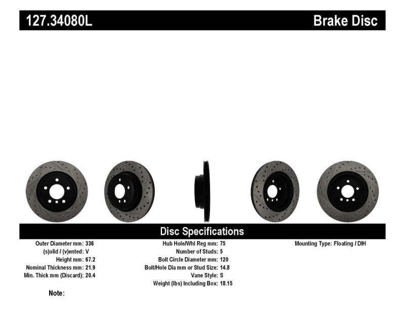 StopTech 06 BMW 330 / 07-09 BMW 335 Slotted & Drilled Left Rear Rotor-Brake Rotors - Slot & Drilled-Grocery Getter Performance